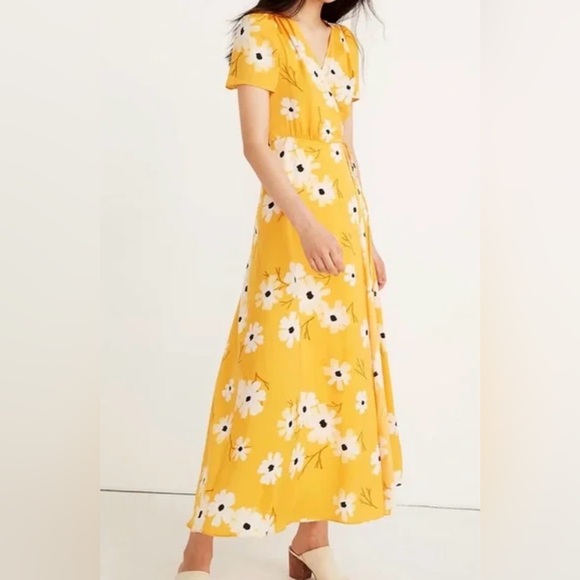 Madewell Dresses & Skirts - Madewell Yellow Wrap Midi Dress with White Floral Print